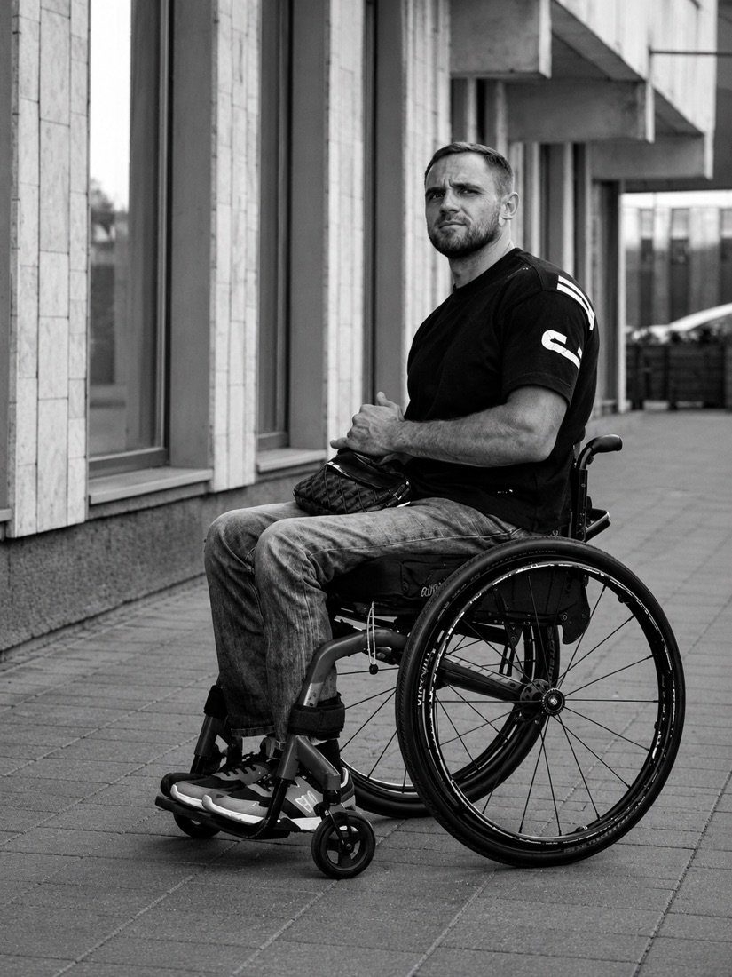 Aurimas Mišeika sitting in his wheelchair